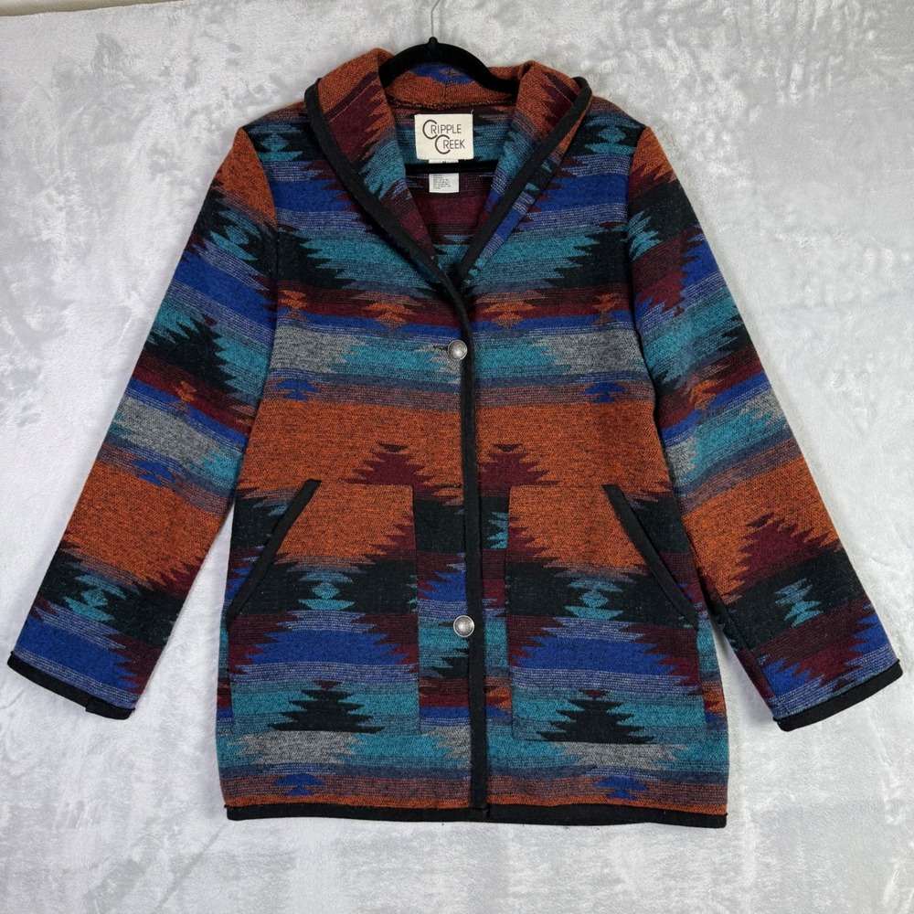Cripple Creek Aztec Jacket Women Medium Multi Color Southwestern Shawl Collar